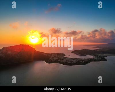 Panoramic aerial view of voidokilia beach, one of the best beaches in Europe. Beautiful lagoon of Voidokilia from a high point of view at sunset in Me Stock Photo