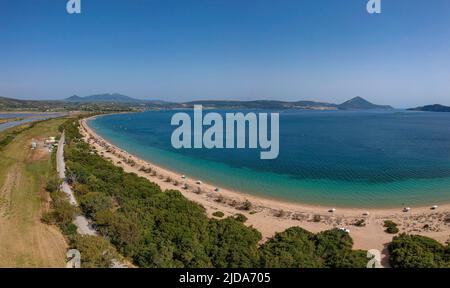 Panoramic aerial view over Divari beach near Navarino bay, Gialova. It is one of the best beaches in mediterranean Europe. Beautiful lagoon near Voido Stock Photo