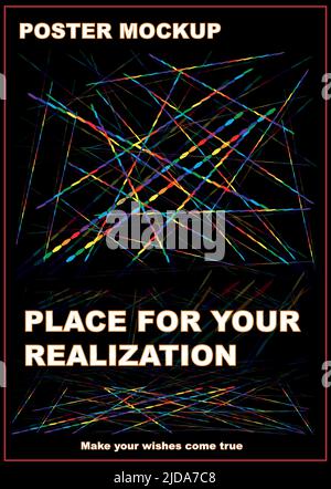 Mockup poster. You may use for any advertising design. On a black background, rainbow threads stretch across each other creating a colored web. Stock Vector