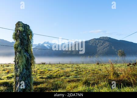New Zealand rural through dew-laden fence across green field to Southern Alps above low lying mist sunrise landscape in South Island, New Zealand. Stock Photo