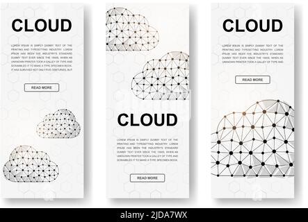 Set of three Cloud polygonal vertical banners. 3d Database low poly symbols with connected dots. Vertical illustration for homepage design. Stock Vector