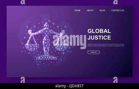 Scales 3d low poly website template. Justice design illustration concept. Polygonal Law symbol for landing page, advertising page. Stock Vector