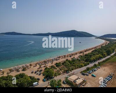 Panoramic aerial view over Divari beach near Navarino bay, Gialova. It is one of the best beaches in mediterranean Europe. Beautiful lagoon near Voido Stock Photo