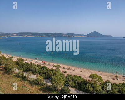 Panoramic aerial view over Divari beach near Navarino bay, Gialova. It is one of the best beaches in mediterranean Europe. Beautiful lagoon near Voido Stock Photo