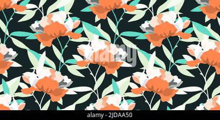 Vector floral seamless pattern. Illustration with orange peonies on a dark background. Stock Vector