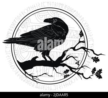 Black crow sitting on a branch of an oak tree, and Scandinavian runes, carved into stone Stock Vector