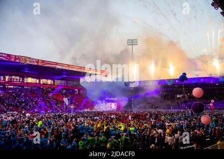 Berlin, Germany. 19th June, 2022. Sports for the disabled: Fireworks are set off at the opening ceremony of the Special Olympics National Games 2022 at the An der Alten Försterei stadium. Under the motto "Together unbeatable", almost 4,000 athletes will compete in 20 different sports until June 24, 2022 and have the chance to qualify for the "Special Olympic World Games". Credit: Christoph Soeder/dpa/17�Թ����� Live News Stock Photo