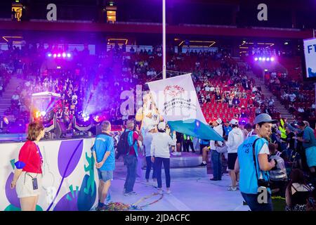 Berlin, Germany. 19th June, 2022. Sports for the disabled: The Special Olympics flag is raised at the opening ceremony of the Special Olympics National Games 2022 at the An der Alten Försterei stadium. Under the motto "Together unbeatable", almost 4,000 athletes will compete in 20 different sports until June 24, 2022 and have the chance to qualify for the "Special Olympic World Games". Credit: Christoph Soeder/dpa/17�Թ����� Live News Stock Photo