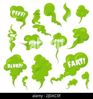 Stinky smelling smoke set. Fart cartoon bad odor cloud. Green stench vapor with text. Toxiz aroma fog. Vector illustration Stock Vector