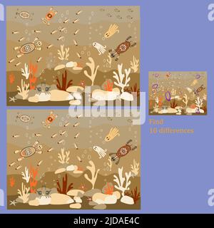 rebus for children up to 8 years old find 10 differences among marine life Stock Vector