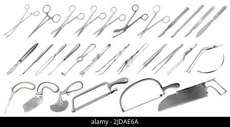 Surgical instruments set. Tweezers, scalpels, plaster and bone saws, amputation and plaster knives, Microsurgical forceps and clamps, hook, needle. La Stock Vector