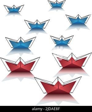 red and blue boats with a black stroke on a white background Stock Vector