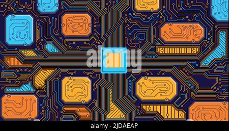 Detail of a circuit board with several chips connected by yellow, orange and blue lines and the main chip in a square shape and blue color. Vector Stock Vector