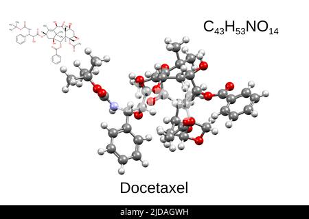 Chemical formula, skeletal formula, and 3D ball-and-stick model of anticancer drug docetaxel, white background Stock Photo