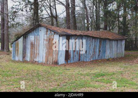 Abandoned blue barn with a rusting tin roof in woodland.