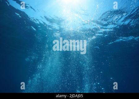 Underwater air bubbles in the sea rising to water surface, natural scene, Mediterranean Stock Photo