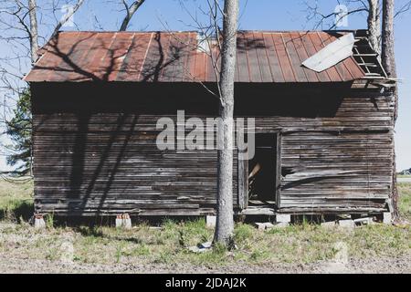 Abandoned wooden homestead with a rusting tin roof.