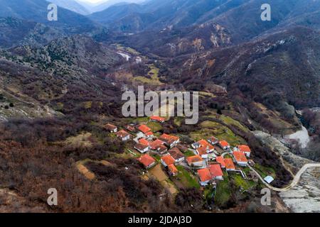 Aerial view of Kotani, a Muslim village in the prefecture of Xanthi in Greece near the Greek-Bulgarian border. The houses of the settlement are very o Stock Photo