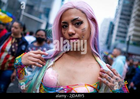 Sao Paolo, Brazil. 19th June, 2022. People participate in the 26th annual Gay Pride Parade in Sao Paulo. Credit: Lincon Zarbietti/dpa/Alamy Live News Stock Photo