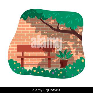 Summer Concept Illustration with a Wood Bench in Tropical Garden. Stock Vector