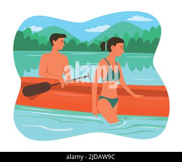 Young Man and Young Woman Enjoying with Canoe in River on Summer Season. Stock Vector