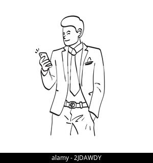 line art businessman using smartphone illustration vector hand drawn isolated on white background Stock Vector