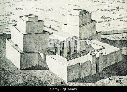 Shown here is a reconstructed view of the ziggurat at Assur (also known as Ashur and Qal'at Sherqat), the capital of the Old Assyrian State, the Middle Assyrian Empire, and for a time, of the Neo-Assyrian Empire. The ziggurat was dedicated to the god Ashur, Assur was located on the Tigris River in Mesopotamia (now northern Iraq). It dates back some 4,000 years. The ziggurat is the most distinctive architectural invention of the Ancient Near East. Like an ancient Egyptian pyramid, an ancient Near Eastern ziggurat has four sides and rises up to the realm of the gods. Unlike Egyptian pyramids, th Stock Photo