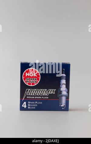 ST. PAUL, MN, USA - JUNE 15, 2022: NGK Automotive spark plugs and trademark logo. Stock Photo
