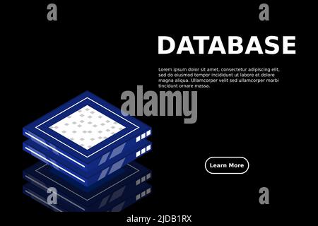 Set of server room icons, data center and database, futuristic data processing, cloud storage isometric vector dark background Stock Vector