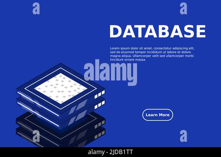 Set of server room icons, data center and database, futuristic data processing, cloud storage isometric vector dark background Stock Vector