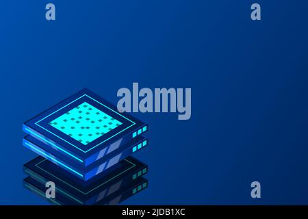 Set of server room icons, data center and database, futuristic data processing, cloud storage isometric vector dark background Stock Vector