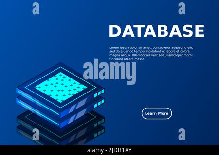 Set of server room icons, data center and database, futuristic data processing, cloud storage isometric vector dark background Stock Vector