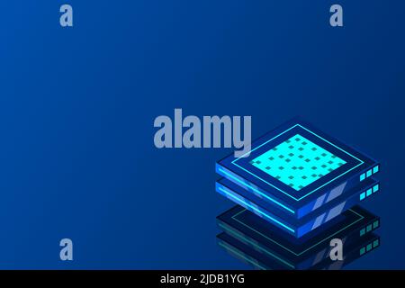 Set of server room icons, data center and database, futuristic data processing, cloud storage isometric vector dark background Stock Vector