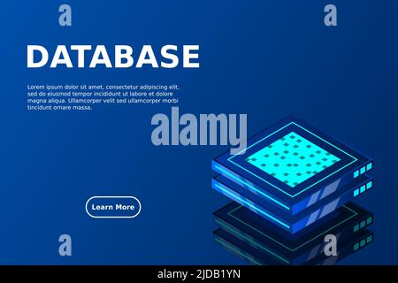 Set of server room icons, data center and database, futuristic data processing, cloud storage isometric vector dark background Stock Vector