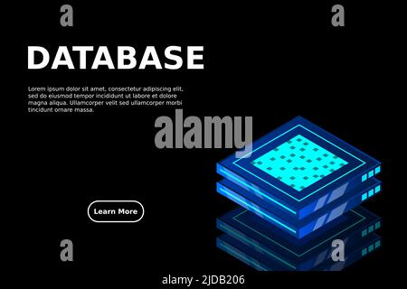 Set of server room icons, data center and database, futuristic data processing, cloud storage isometric vector dark background Stock Vector