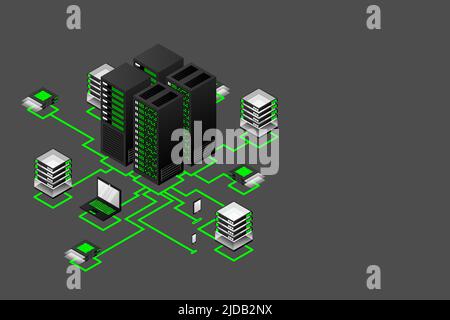 Concept of data network management .Vector isometric map with business networking servers computers and devices.Cloud storage data and synchronization Stock Vector