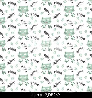 Pattern with cute cats and fish. Vector illustration.  Stock Vector