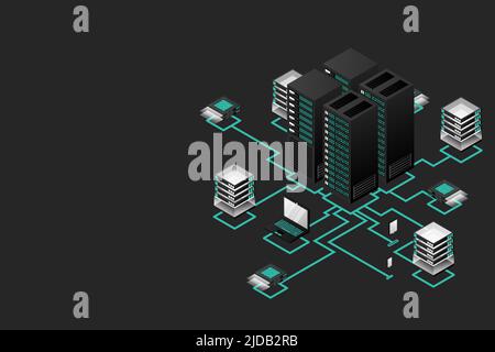 Concept of data network management .Vector isometric map with business networking servers computers and devices.Cloud storage data and synchronization Stock Vector