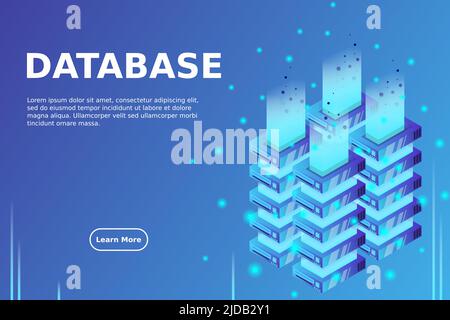 Server room isometric vector, futuristic technology of data protection and processing, networking and web hosting banner, input output data flow Stock Vector