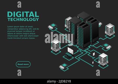 Concept of data network management .Vector isometric map with business networking servers computers and devices.Cloud storage data and synchronization Stock Vector