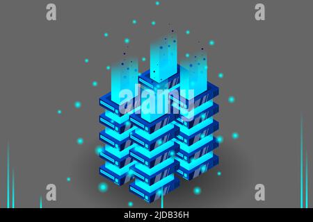 Server room isometric vector, futuristic technology of data protection and processing, networking and web hosting banner, input output data flow Stock Vector