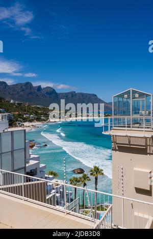 Beachfront homes along the Atlantic Ocean at Clifton Beach; Cape Town, Western Cape, South Africa Stock Photo