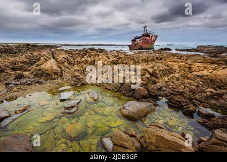 Shipwreck of the Meisho Maru No. 38 on the beach at Cape Agulhas in Agulhas National Park; Western Cape, South Africa Stock Photo