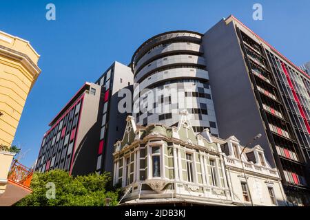 Mixture of old and new architecture on Long Street running through the Central Business District of Cape Town featuring interesting shops, bars and... Stock Photo