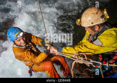 Exploration team members climbing against the rushing river in the Ora cave as they explore the wild and dangerous river caves of the Nakanai Mount... Stock Photo