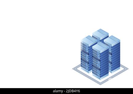 Server room isometric vector, futuristic technology of data protection and processing, networking and web hosting banner, input output data flow Stock Vector