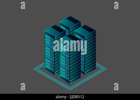 Server room isometric vector, futuristic technology of data protection and processing, networking and web hosting banner, input output data flow Stock Vector