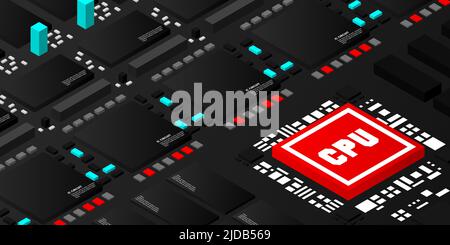 Artificial intelligence micro chip illustration. Quantum computing. PC mainboard illustration background. 3D isometric hardware Stock Vector