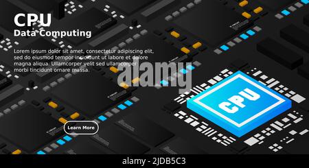 Artificial intelligence micro chip illustration. Quantum computing. PC mainboard illustration background. 3D isometric hardware Stock Vector