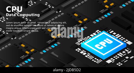 Artificial intelligence micro chip illustration. Quantum computing. PC mainboard illustration background. 3D isometric hardware Stock Vector